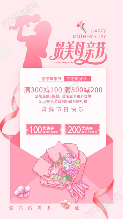 粉色花束背景感恩母亲节店铺优惠活动手机海报