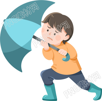 卡通手繪男孩下雨天大風(fēng)打傘雨傘走路成長(zhǎng)煩惱免摳人物素材