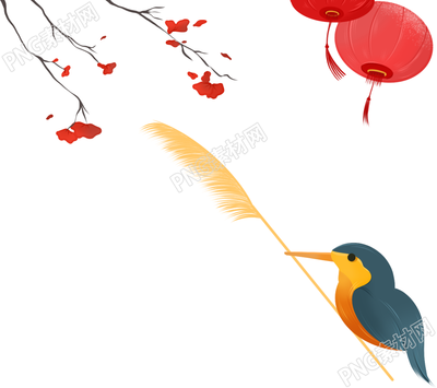 手繪彩色燈籠梅花喜鵲喜慶古風冬季花鳥透明免摳png素材