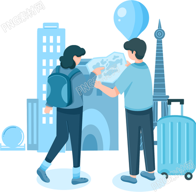 卡通手繪兩人出行旅游風景圖片免摳png素材