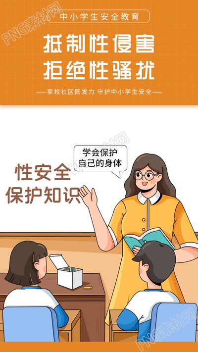 卡通手绘中小学生安全教育拒绝性骚扰手机海报