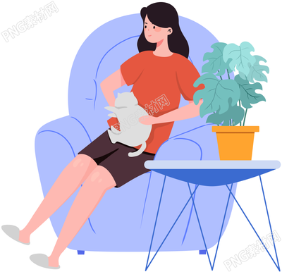 卡通手绘摸猫的女孩免抠png素材