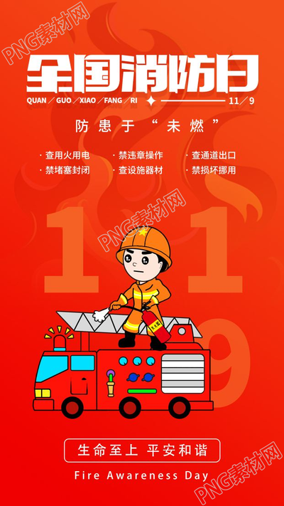 卡通手绘全国消防日手机海报