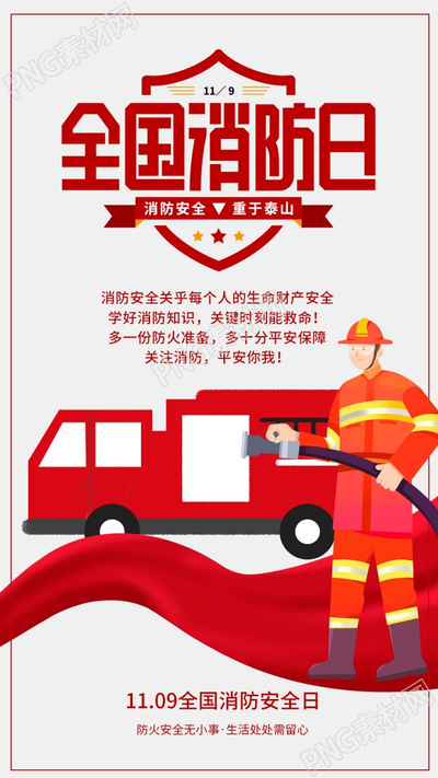 卡通手绘火警全国消防日手机海报