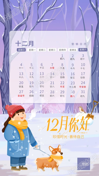 卡通手绘小女孩12月你好日历手机海报