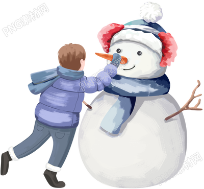 手绘卡通冬天雪地堆雪人的小男孩免抠图片素材
