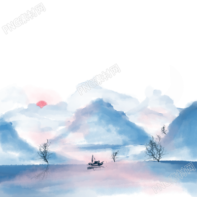 彩色山水日落水墨画风景图片素材