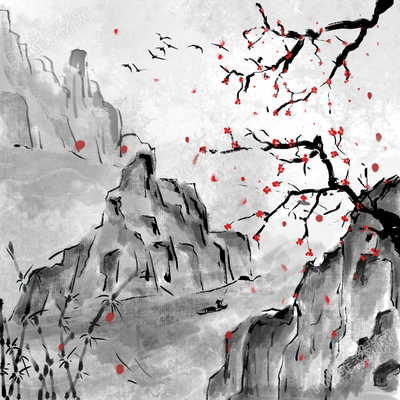 手绘水墨山水梅花风景矢量图片素材
