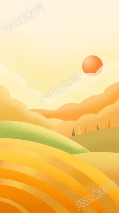 手绘插画风秋天台太阳下的麦田背景图片素材