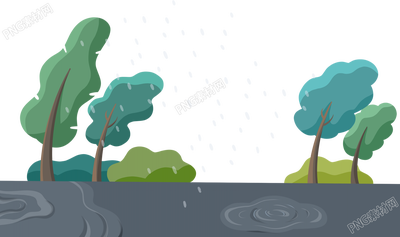 卡通手绘自然风景暴雨下雨风雨刮风树木草丛泥泞道路图片背景素材