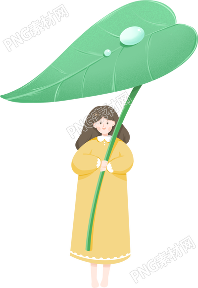 手绘撑着叶子的女孩图片素材