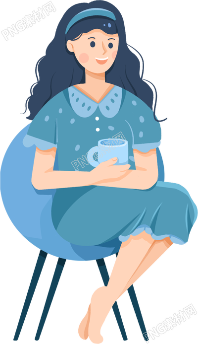 蓝色手绘坐着的女生人物素材