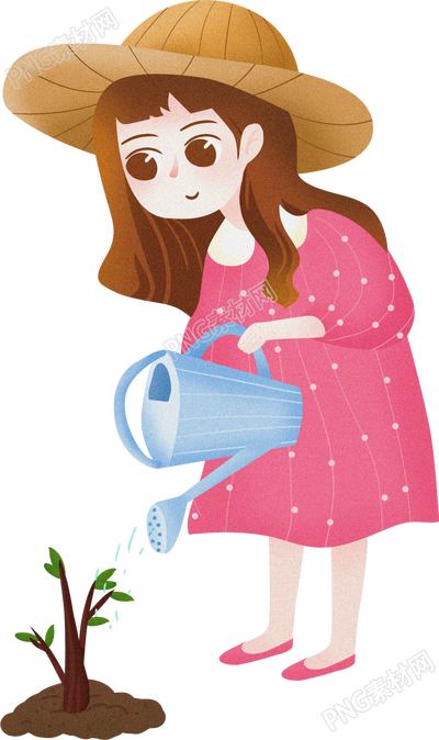 卡通手绘植树节小女孩浇水种树