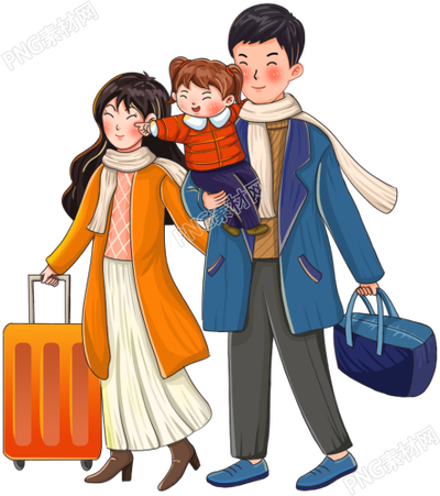 手绘一家三口出门旅行