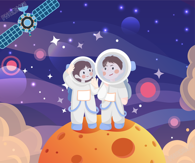 文艺风格的在太空上的两个小孩素材