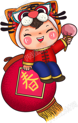 新年元素的虎年娃娃坐在灯笼上素材