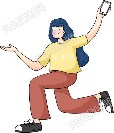 手绘插画女生手拿手机