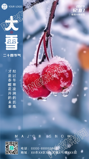 大雪季节里的红浆果实创意手机宣传海报