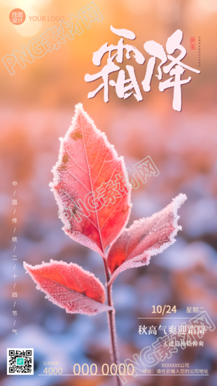 二十四节气霜降红色树叶实景手机海报