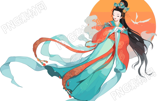 古风嫦娥仙子手持玉兔飞向月亮PNG图形素材