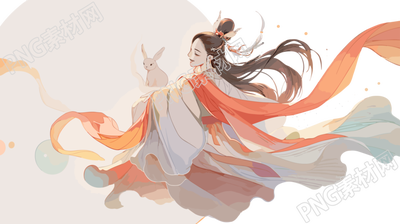 嫦娥仙子手持玉兔飞向月球插画