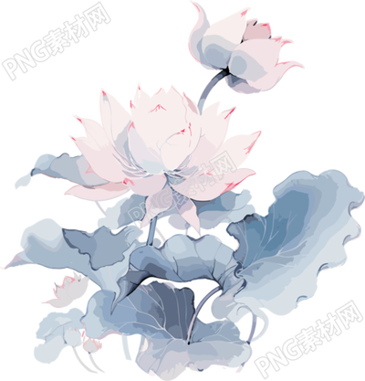 水墨粉蓝色莲花元素