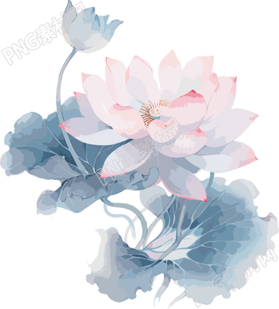 中国古风粉蓝荷花水墨画插图