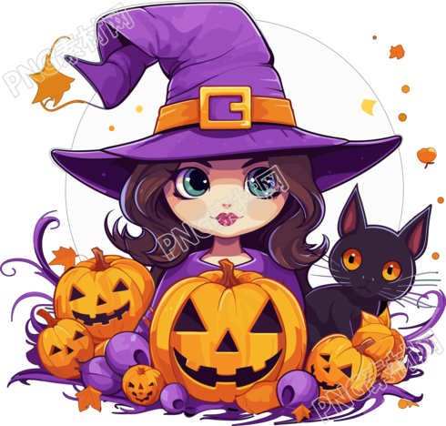 万圣节魔女与猫的紫橙色动态图像素材