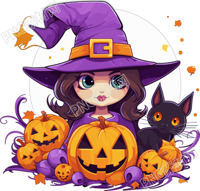 万圣节魔女与猫的紫橙色动态图像素材