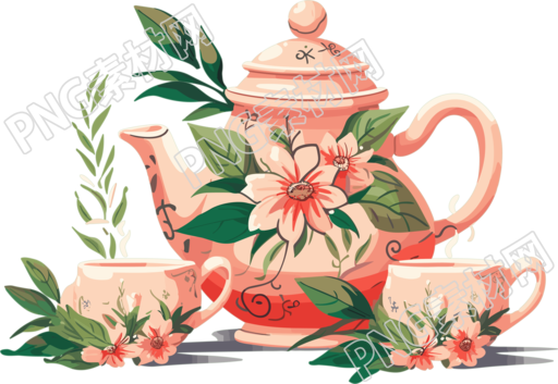 热带符号主义风格的花纹茶具和杯子PNG图形设计素材