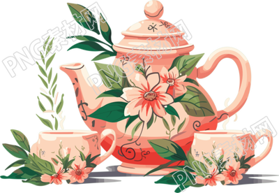 热带符号主义风格的花纹茶具和杯子PNG图形设计素材
