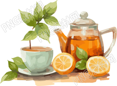 动态插画设计：茶叶上的茶壶与勺子素材
