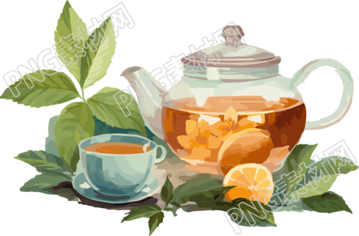 茶叶上的一壶茶和勺子动画插画