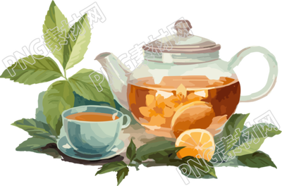茶叶上的一壶茶和勺子动画插画