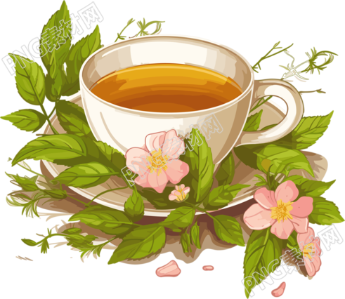 花叶纹理草本茶插画设计高清透明背景素材
