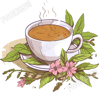 灰色背景上的叶子和花朵草本茶矢量插图
