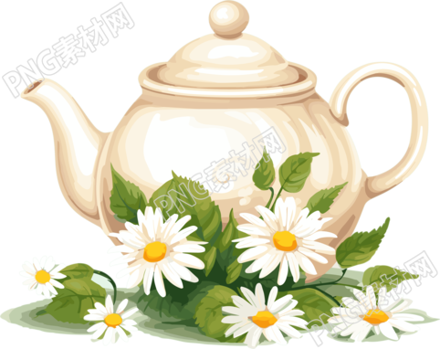 白色带雏菊花的茶壶插画元素