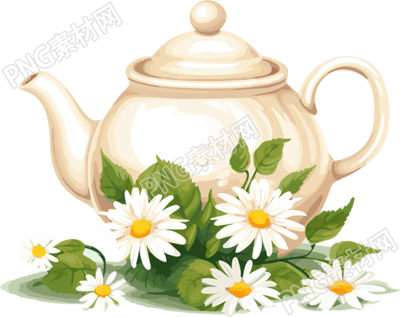 白色带雏菊花的茶壶插画元素