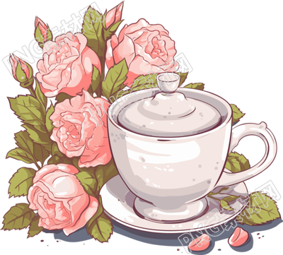 带有茶壶杯子叶子和花朵插画