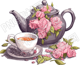 粉灰色茶具和花的插画设计