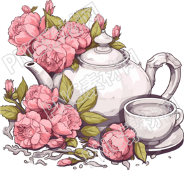 粉灰色风格的茶壶和几个杯子叶子和花朵插画