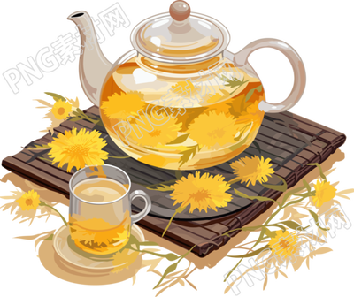 活力插画风格的带黄色花朵图案茶壶和垫子元素