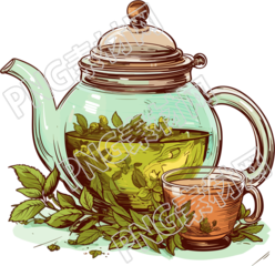 透明色茶壶与黄色花朵图案饰垫插画