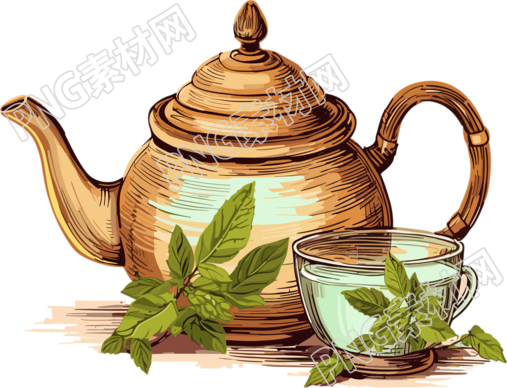 带薄荷叶和茶壶的木质茶壶金色时代插画