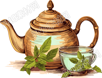 带薄荷叶和茶壶的木质茶壶金色时代插画