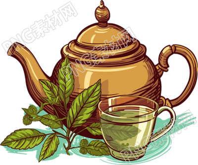 木质茶壶与薄荷叶茶壶元素