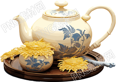 画满花卉的茶壶插画元素