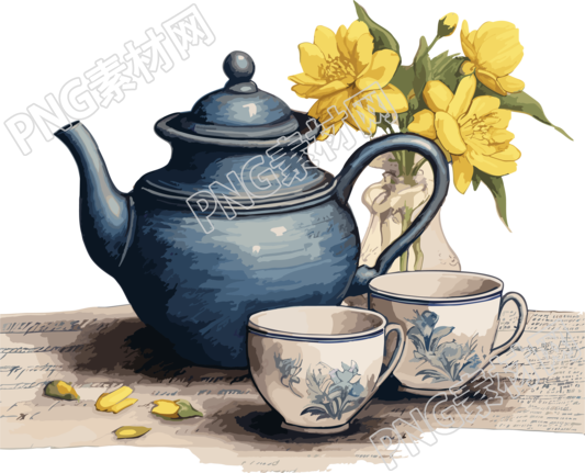精美的蓝色茶壶白色茶杯插画设计