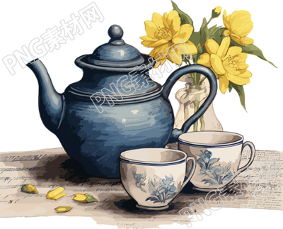 精美的蓝色茶壶白色茶杯插画设计