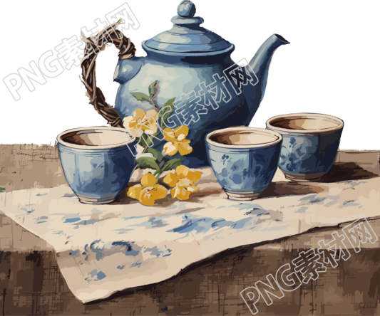 三个蓝色茶杯和茶壶在棕色布料上插画素材